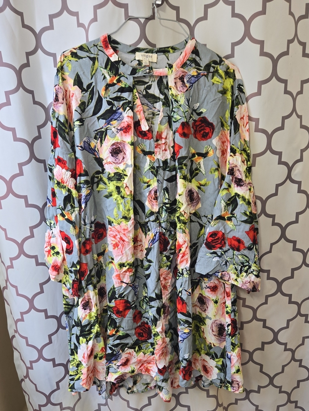 Umgee Light Blue Floral Button-Front Top with Pink & Green Accents